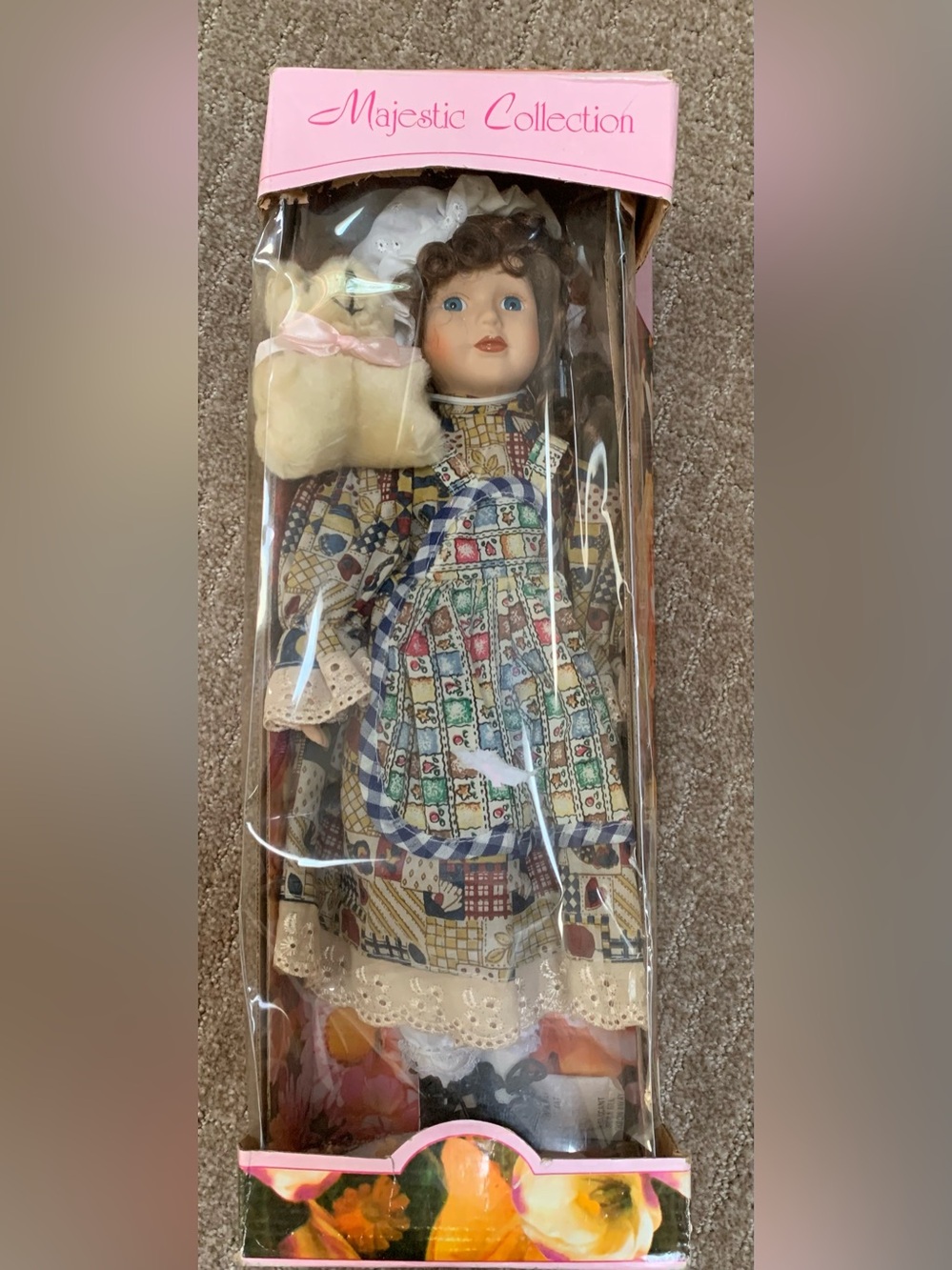 IC COLLECTION Porcelain Doll in Blue, Cream, Red, Green Patchwork Dress